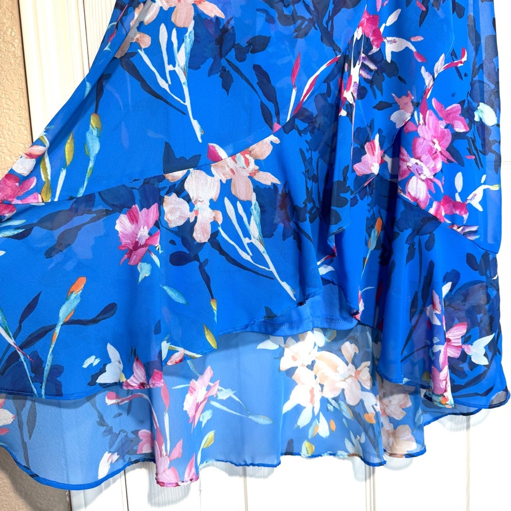 Adrianna Papell Blue Floral Faux Wrap Y2K 90s Fairy Flowy Ruffle Dress Size 4 - Picture 4 of 12